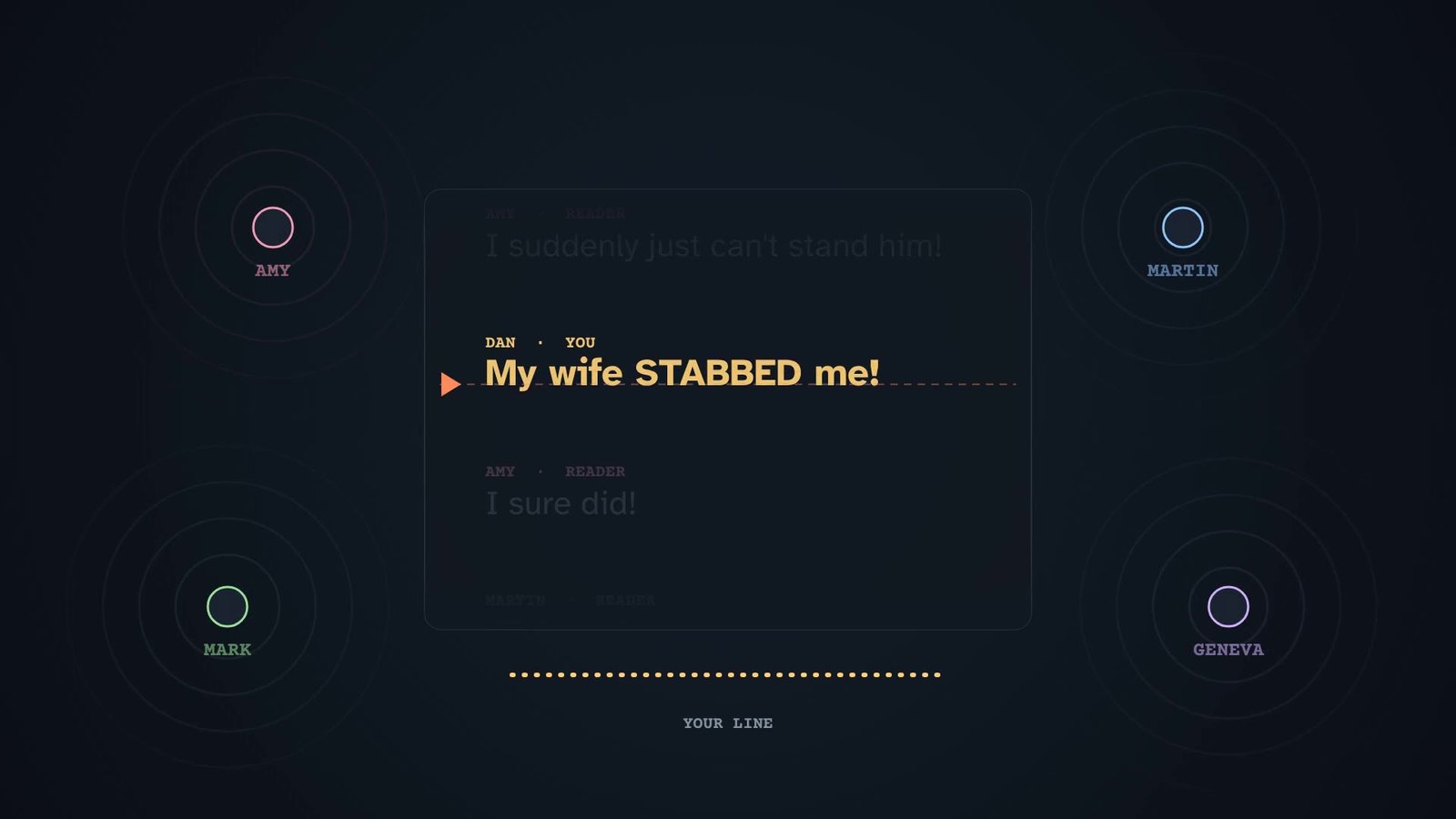 Still from the Full Room prompter: script lines on a dark screen with each character's color