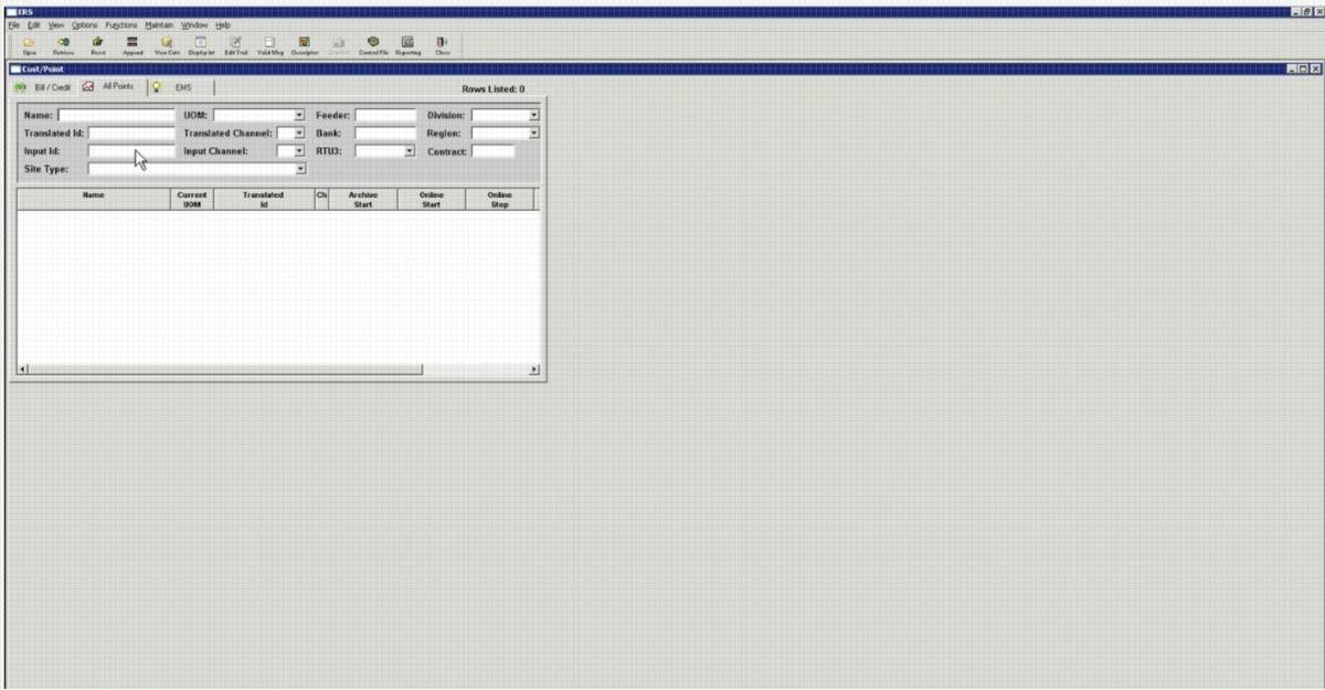 ERS Cust/Point window on the All Points tab: 13 search fields including Name, UOM, Feeder, Division, Translated Id, Translated Channel, Bank, Region, Input Id, Input Channel, RTU3, Contract and Site Type, above an empty results table reading Rows Listed: 0.