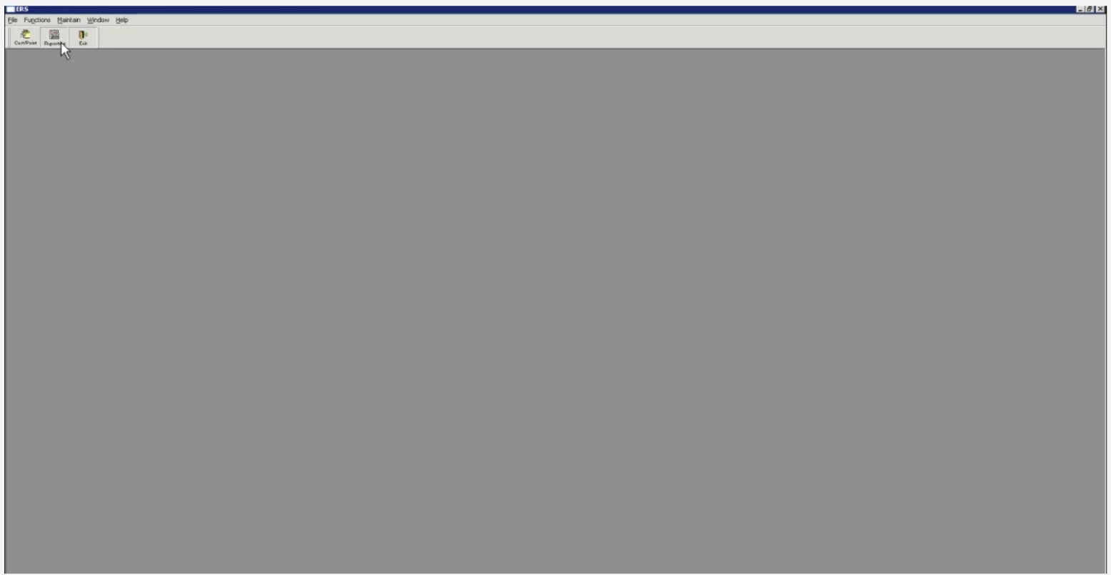 The ERS main window: a menu bar with File, Functions, Maintain, Window and Help, three toolbar buttons labelled CustPoint, Reporting and Exit, and an empty grey workspace.