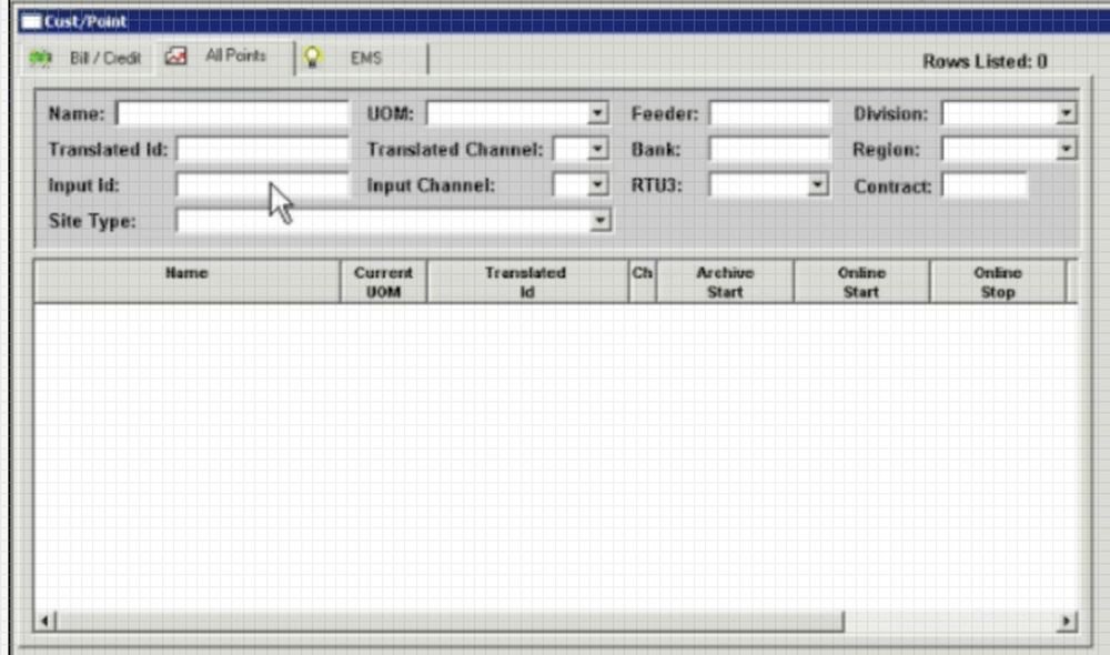 The ERS Cust/Point All Points tab: 13 search fields including Name, UOM, Feeder, Division, Translated Id, Translated Channel, Bank, Region, Input Id, Input Channel, RTU3, Contract and Site Type.