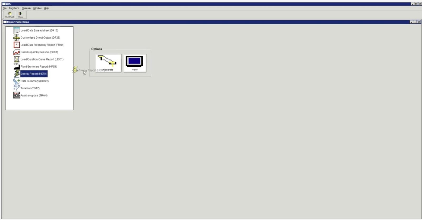 ERS Report Selections window: a list of report codes such as Load Data Spreadsheet (D415) and Energy Report (HER1), with Energy Report being dragged onto an Options panel holding Generate and View buttons.