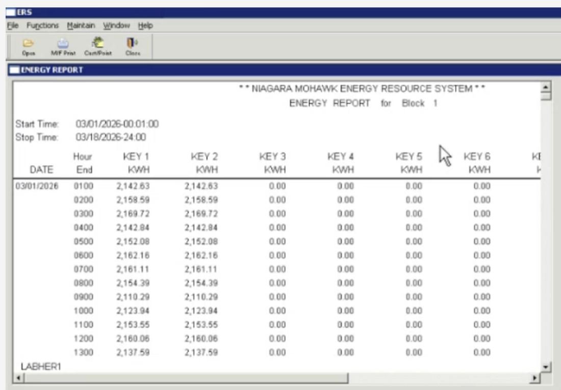 The ERS Energy Report output: a Niagara Mohawk Energy Resource System header, start and stop times, and hourly kWh columns labelled KEY 1 to KEY 7, one key per customer.