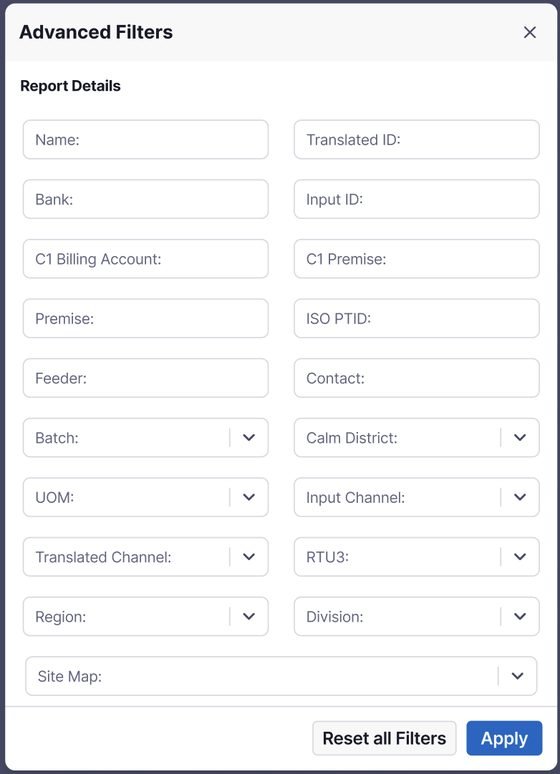 LENS Advanced Filters panel with 19 fields in two columns, including Name, Translated ID, Bank, Input ID, C1 Billing Account, C1 Premise, Premise, ISO PTID, Feeder, Batch, UOM, Input Channel, Translated Channel, RTU3, Region and Division, with Reset all Filters and Apply buttons.