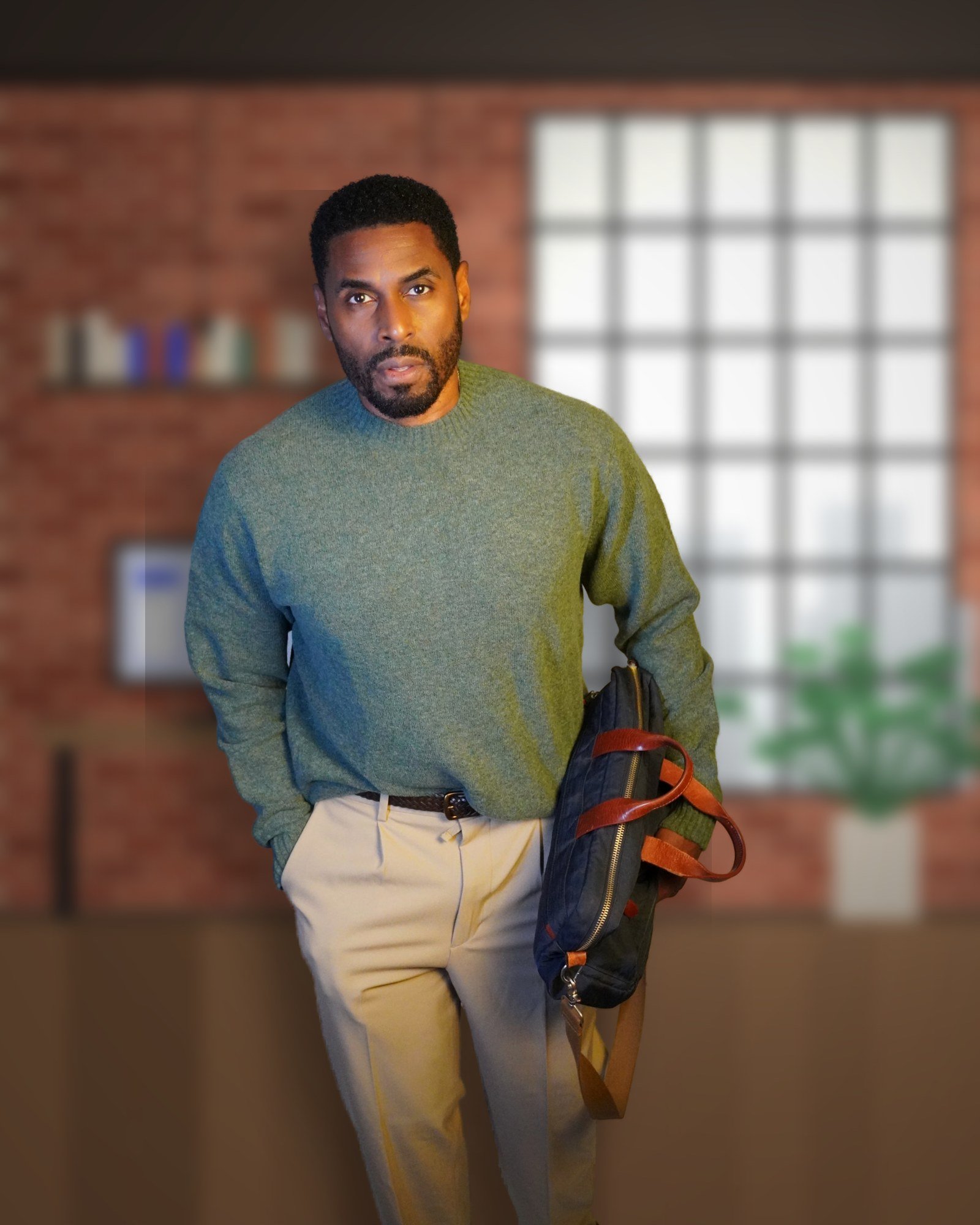 David Randolph in a green sweater and khakis, carrying a navy laptop bag, in a sunlit loft office with brick walls and steel-frame windows